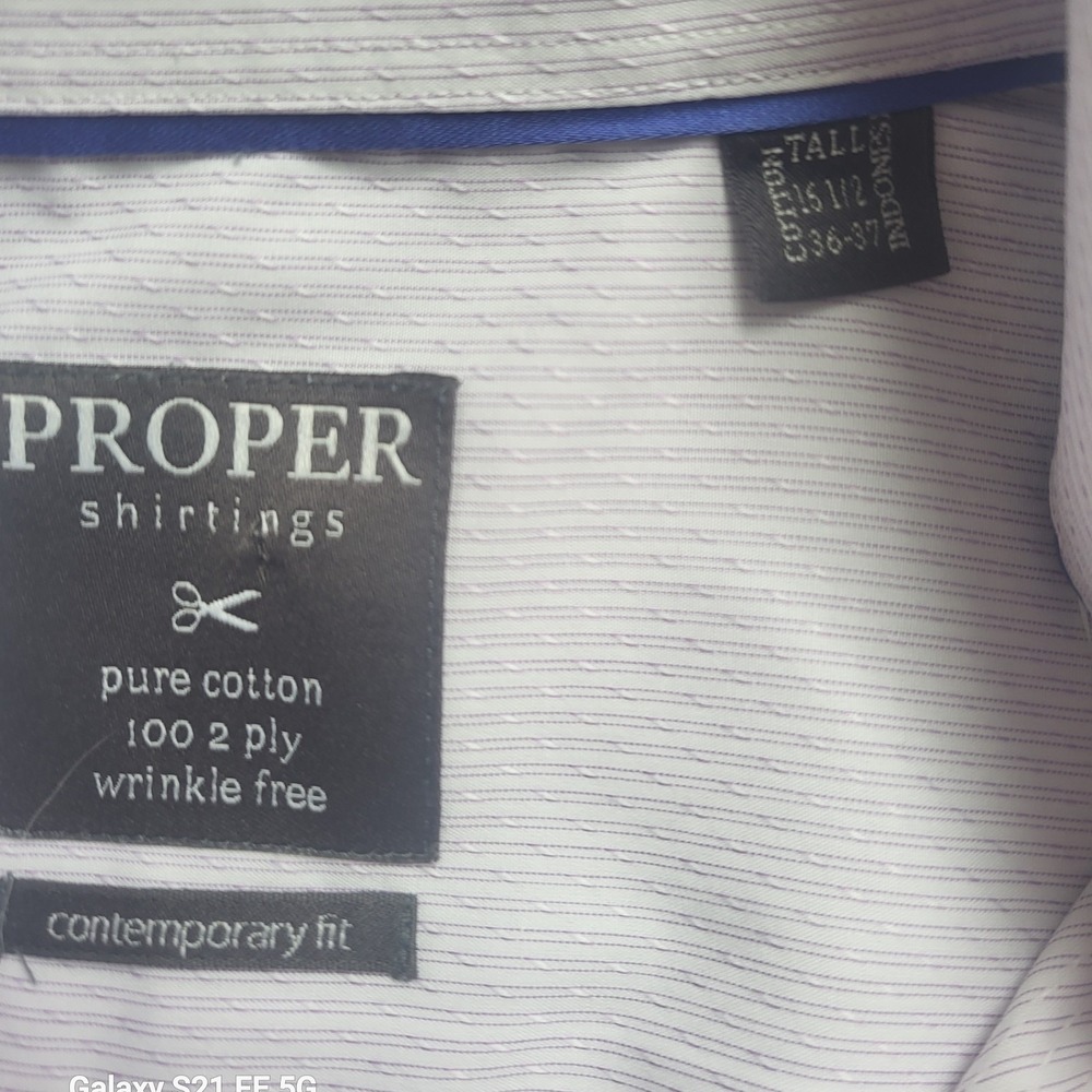 Proper Shirtings Men Long Sleeve Button Contemporary Fit Shirt 16 1/2 Tall 36-37 - Picture 6 of 7